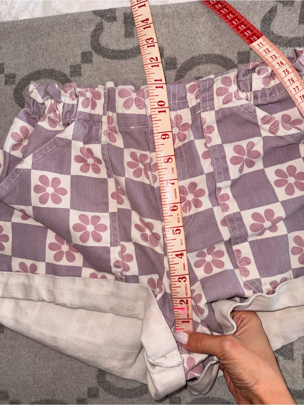 Lavender Floral Checker High Rise Paperbag Denim Shorts - Picture 9 of 10